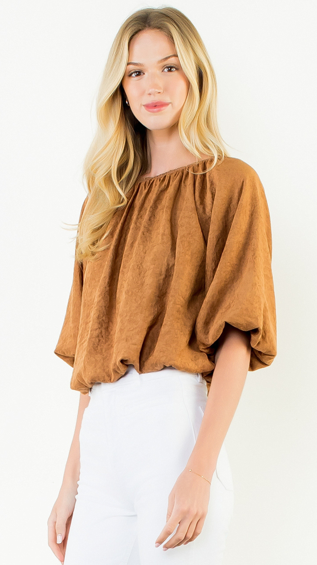 Camel Bubble Hem Suede Top