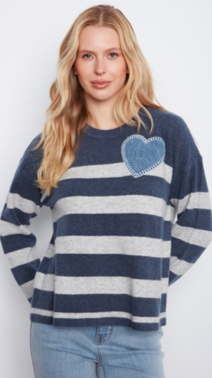 Striped Crew Neck Sweater With Heart Patch