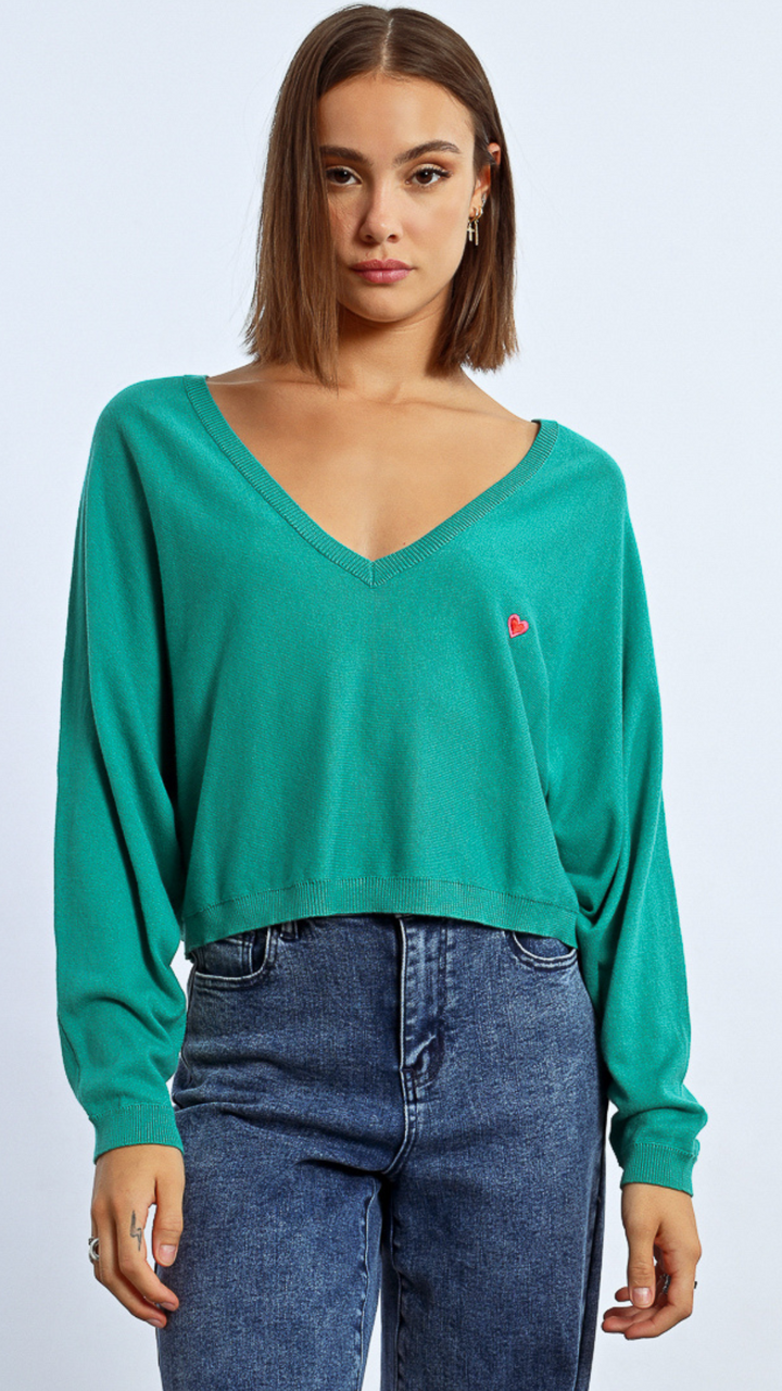 Emerald Green Embroider Heart Sweater