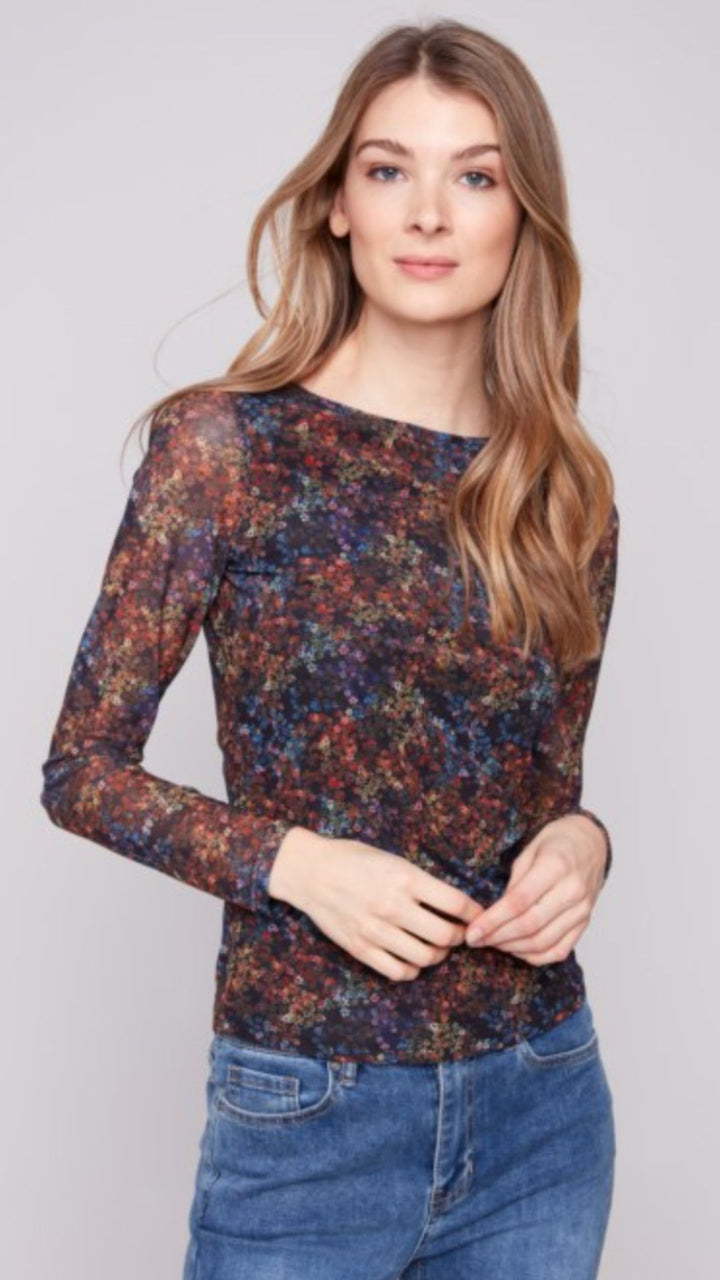 Dark Floral Printed Mesh Top With Gathering At Sides
