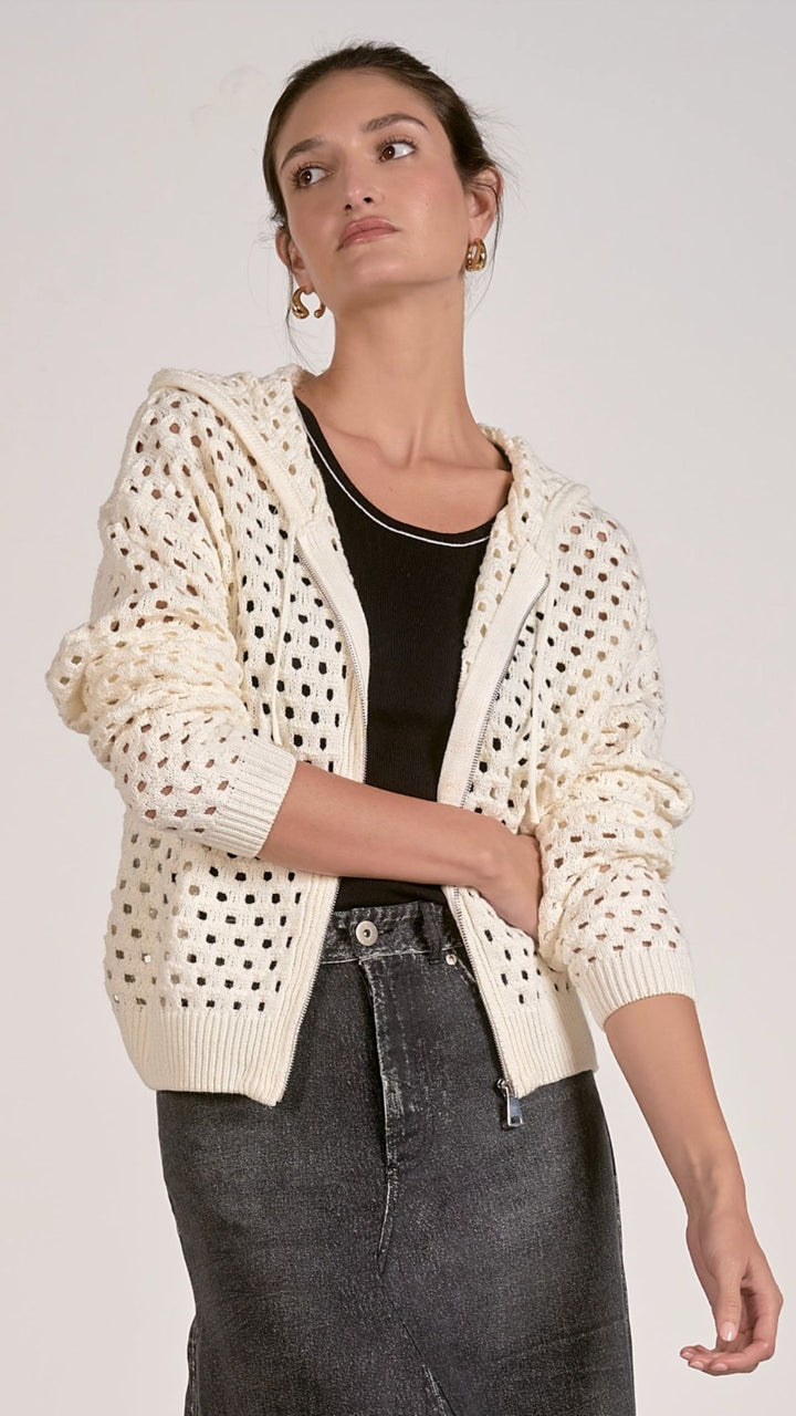 Off White Open Knit Hoodie Cardigan