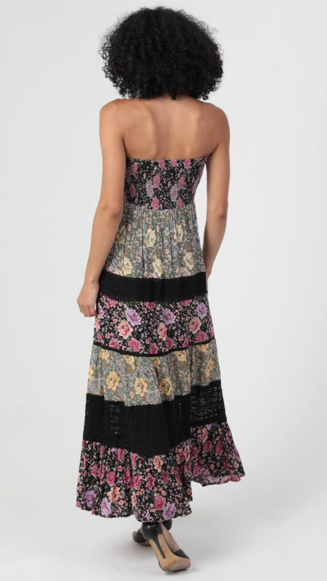 Mixed Print Lace Trim Smocked Bodice Maxi Dress