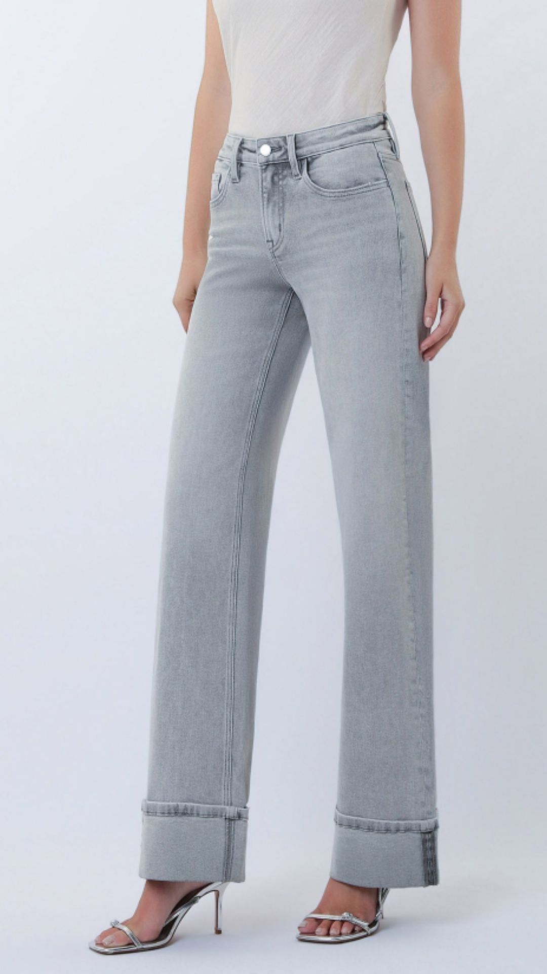 Mid Rise Gray Full Length Cuffed Wide Leg Jeans