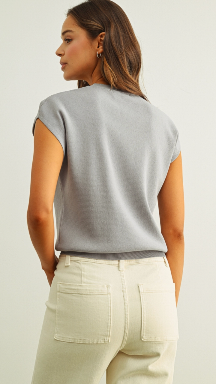Grey Round Neck Cap Short Sleeve Knit Top