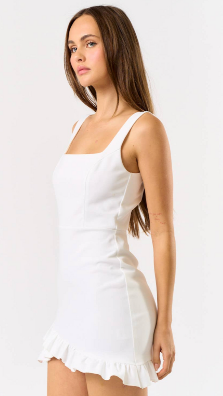 White Ruffled Square Neck Mini Dress