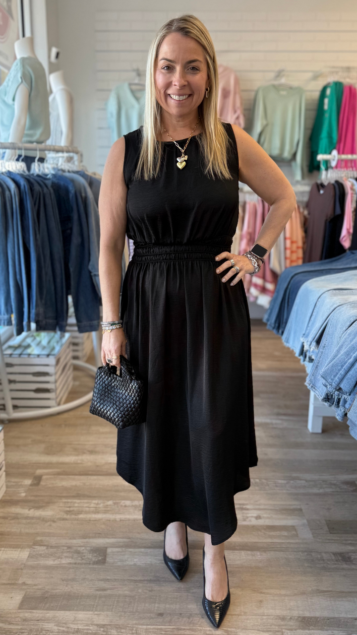 Black Dress With Elastic Rushed Waistband