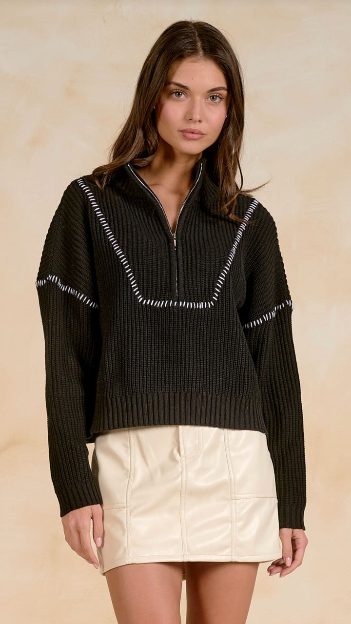 Black Quarter Zip Whipstitch Sweater
