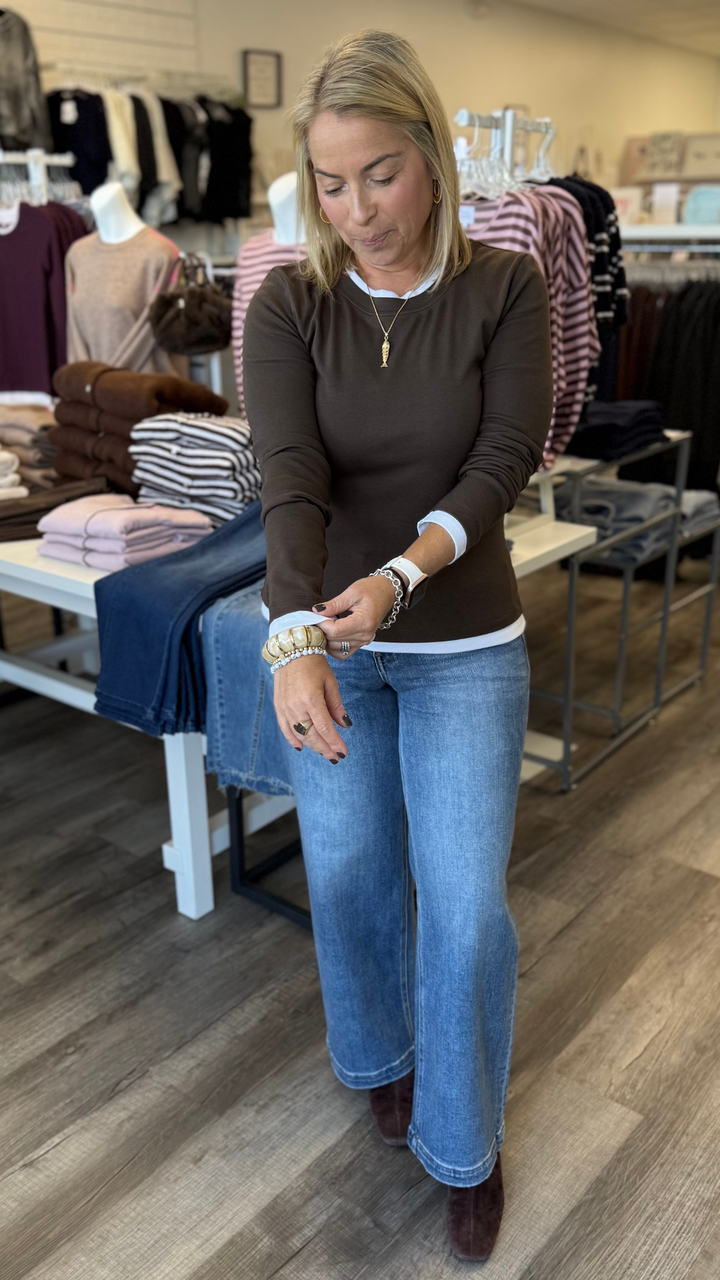 Coffee And White Contrast Trim Long Sleeve Top