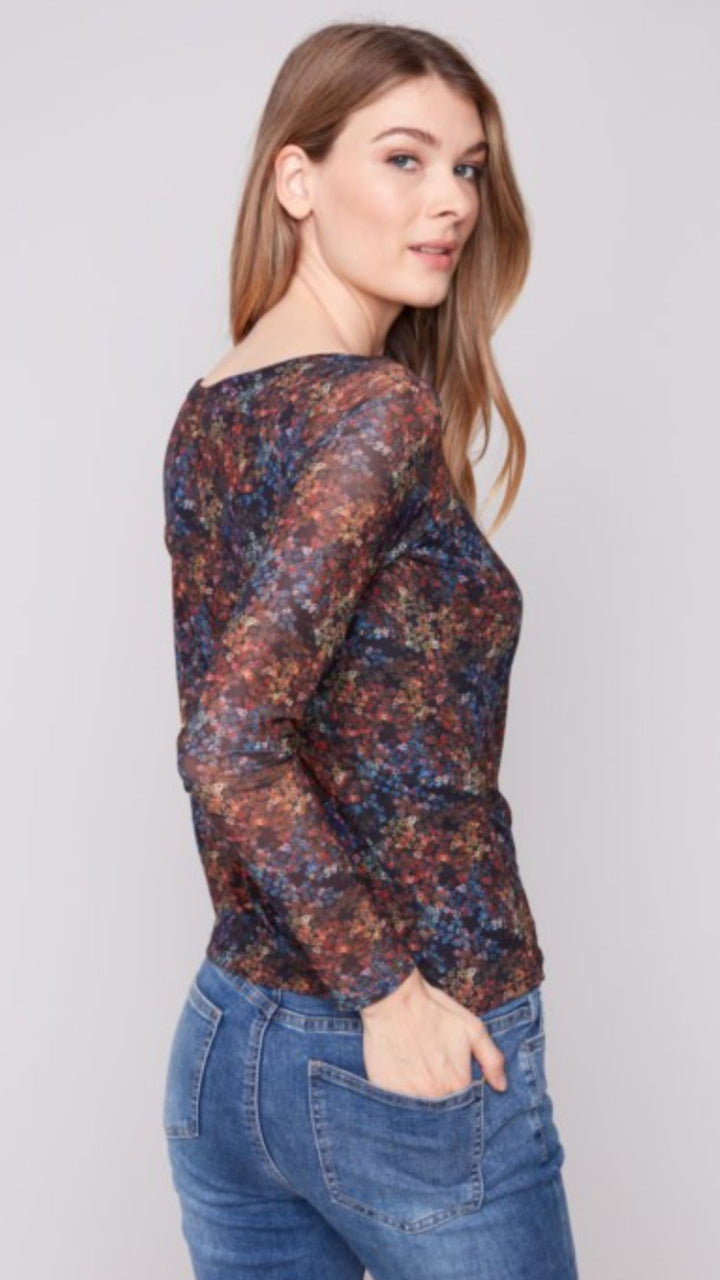 Dark Floral Printed Mesh Top With Gathering At Sides