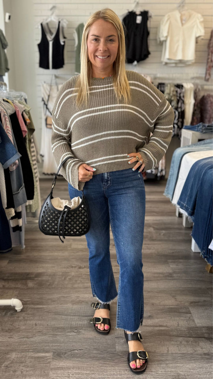 High Rise Dark Wash Raw Step Hem Crop Flare Jeans