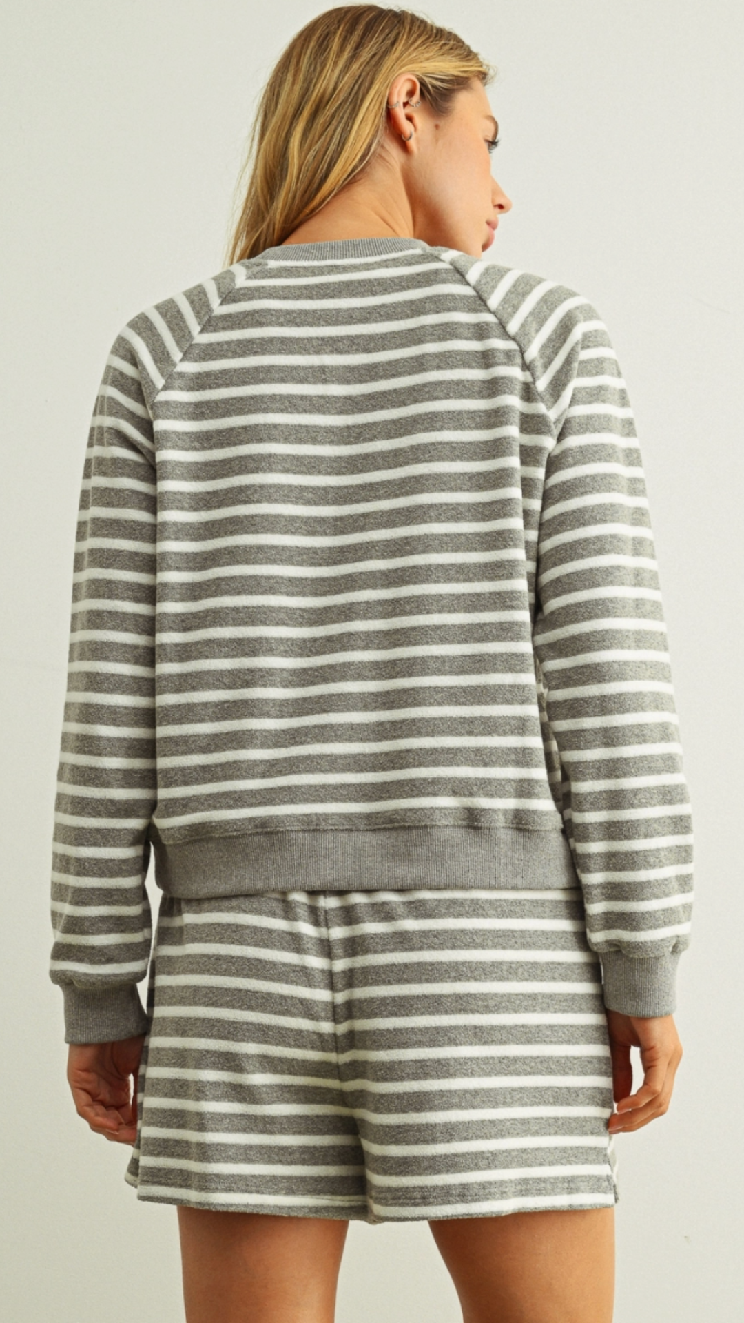 Grey And White Striped Terry Top And Shorts Set