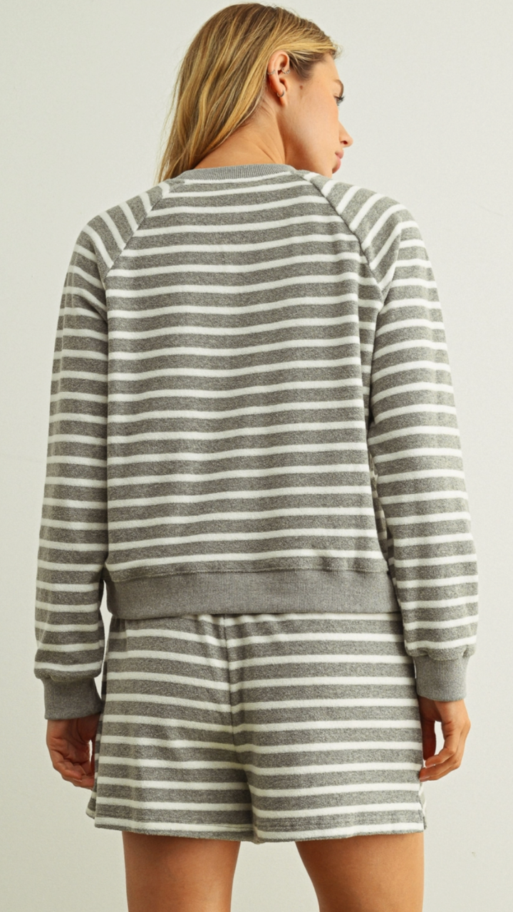 Grey And White Striped Terry Top And Shorts Set