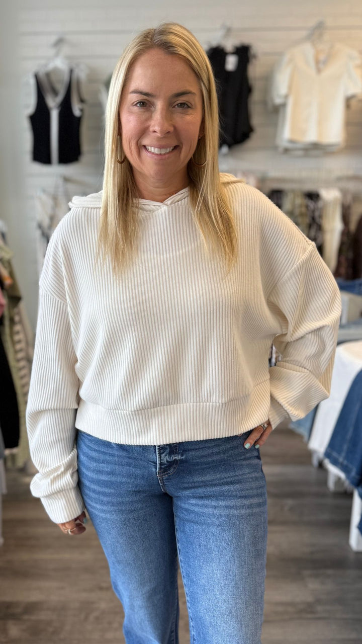 Whip Cream Drop Shoulder Casual Cropped Ribbed Hoodie