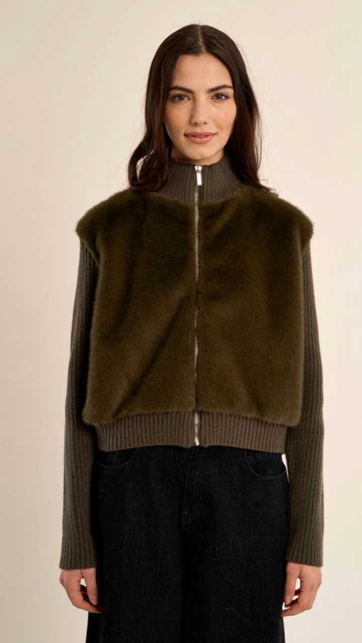Olive Fur Long Sleeve Funnel Neck Jacket
