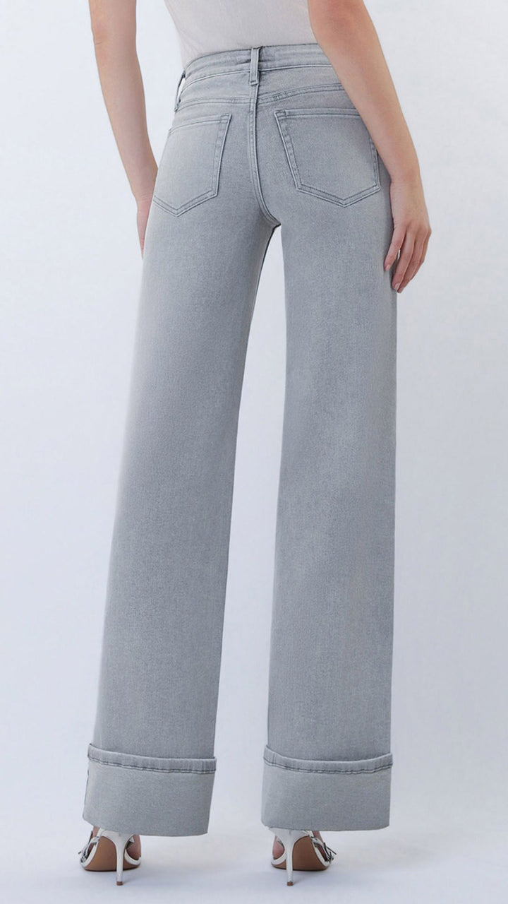 Mid Rise Gray Full Length Cuffed Wide Leg Jeans