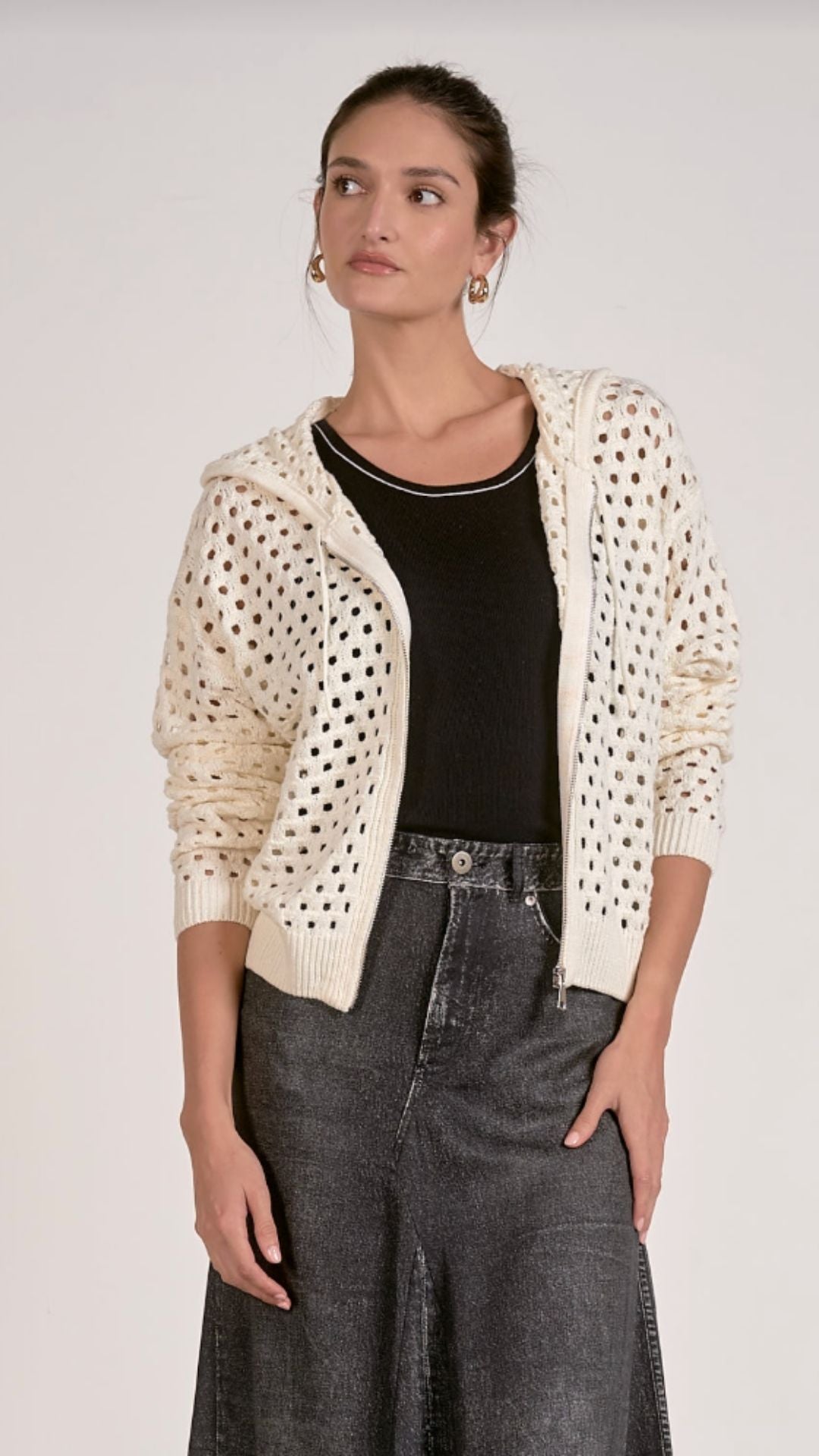 Off White Open Knit Hoodie Cardigan
