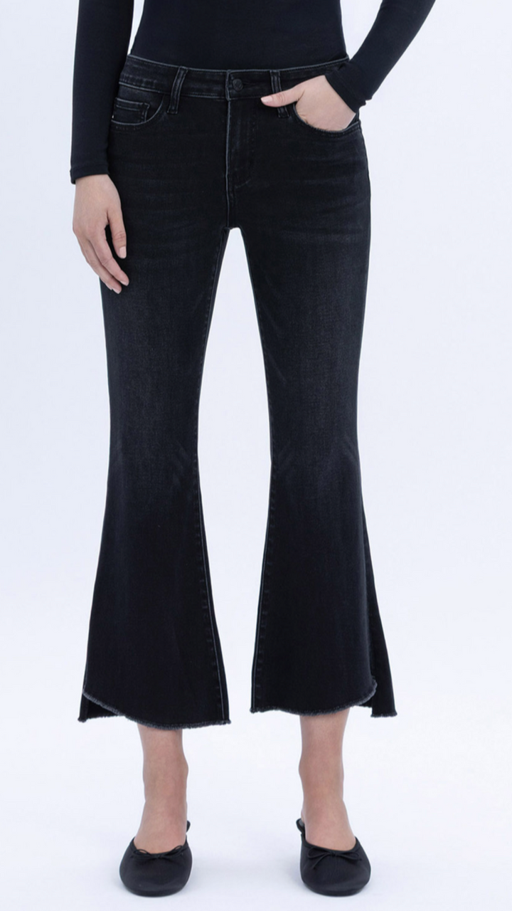 Mid Rise Black Super Soft Crop Step Hem Flare Jeans