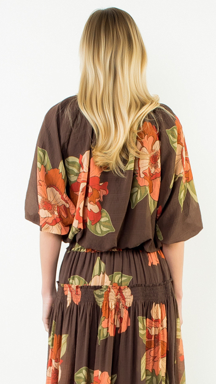 Brown Floral Bubble Hem Top