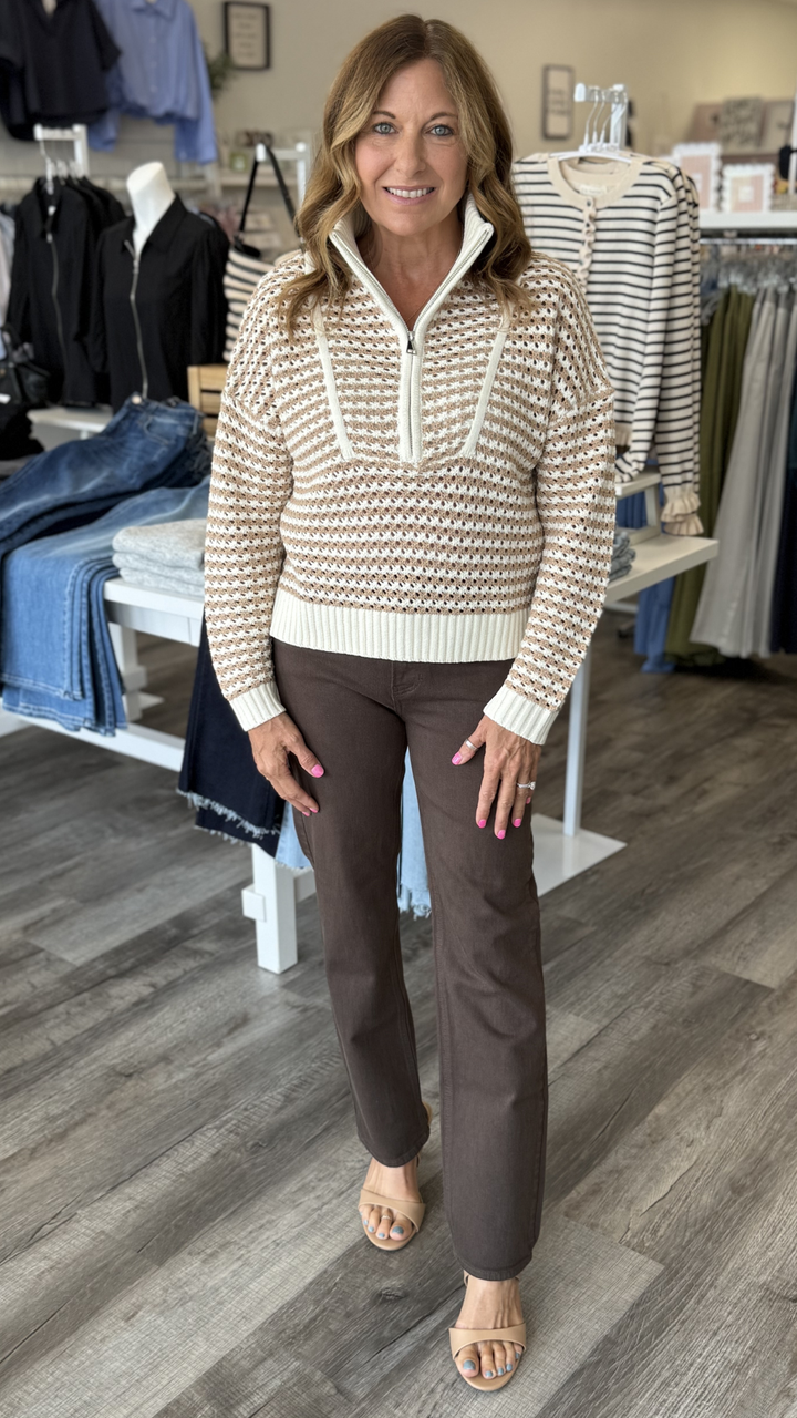Mid Rise Brown Full Length Straight Jeans