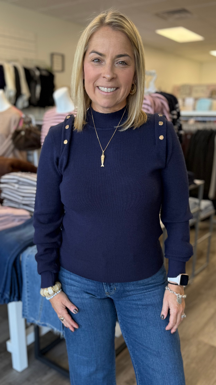 Navy Blue Buttoned Detail Sweater