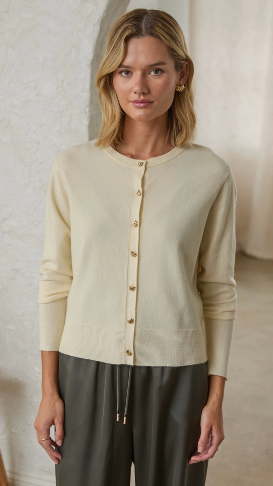 Ivory Knit Cardigan With Gold Buttons