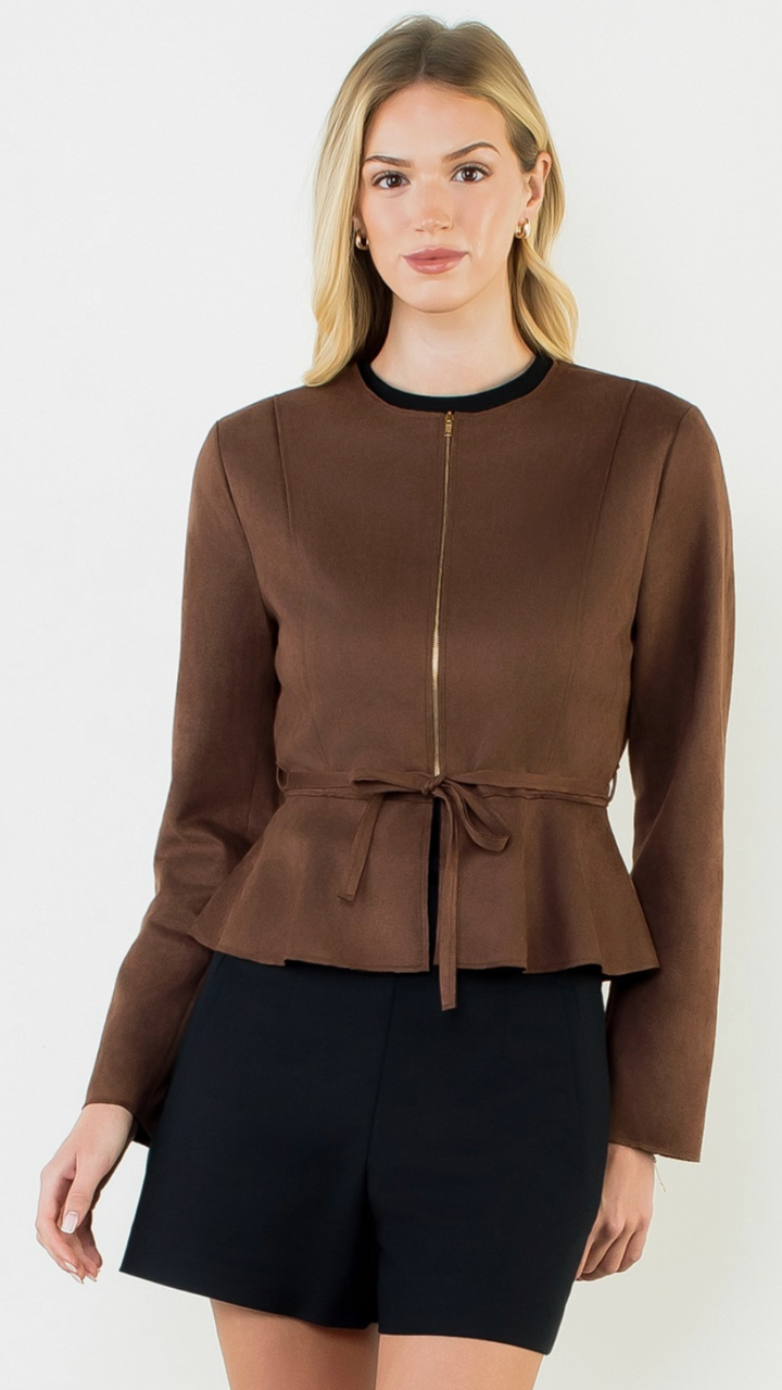 Brown Suede Zipper Jacket With Tie Waist