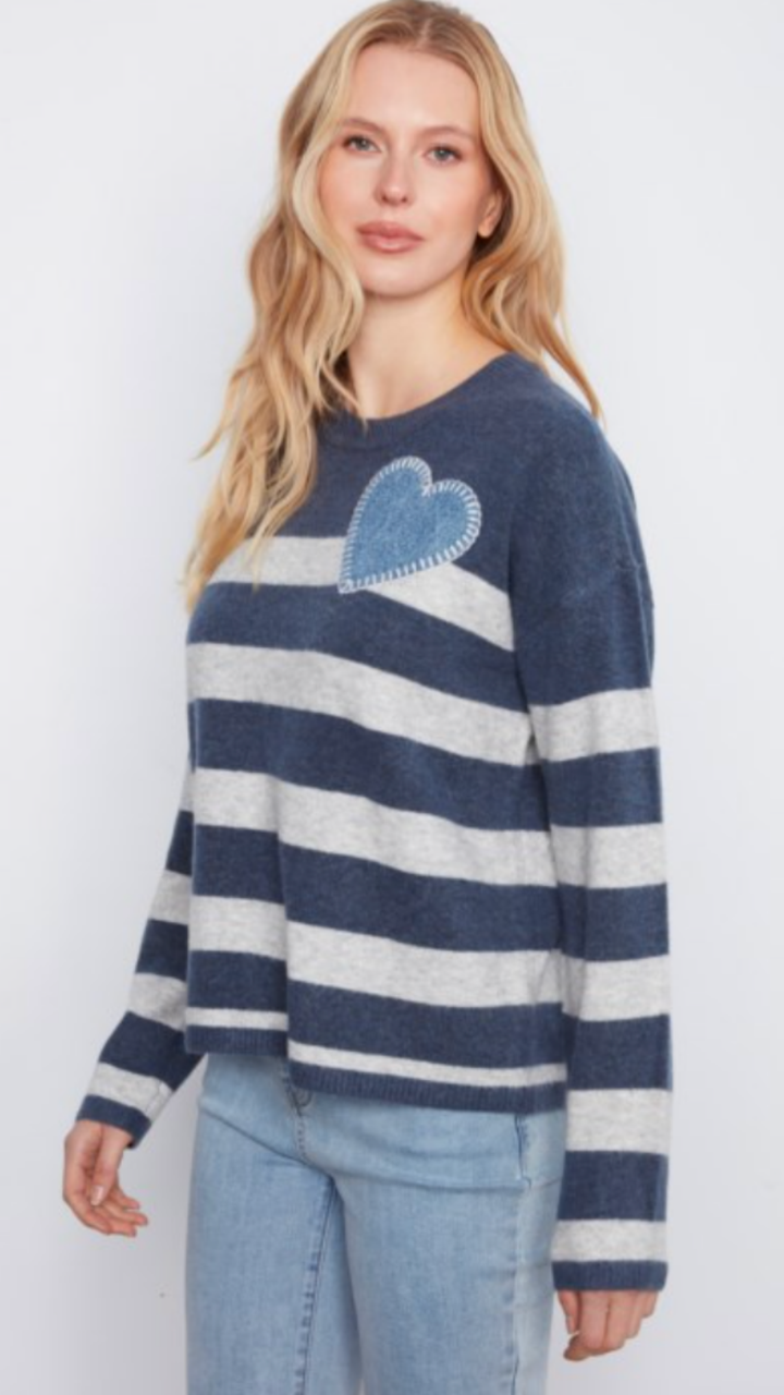 Striped Crew Neck Sweater With Heart Patch