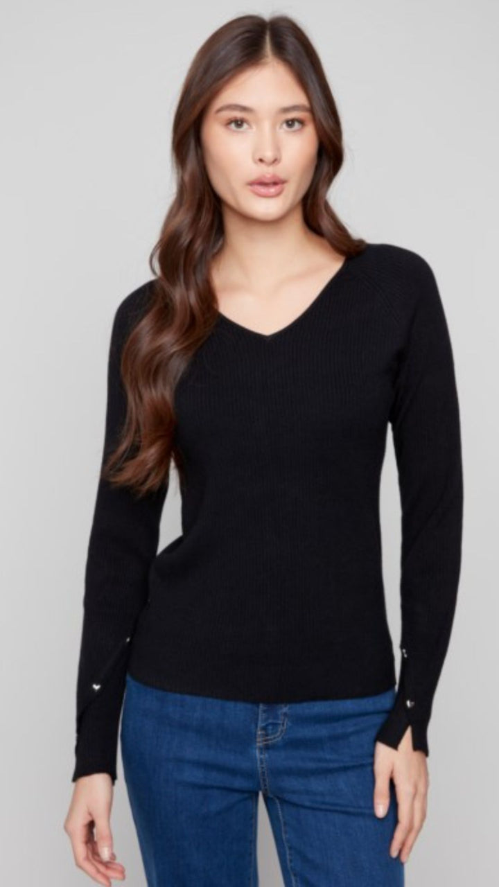 Black Ribbed V Neck Sweater With Heart Rivets