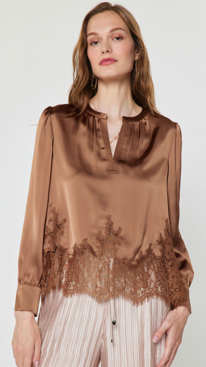 Mocha Mousse Long Sleeve Lace Trim Blouse