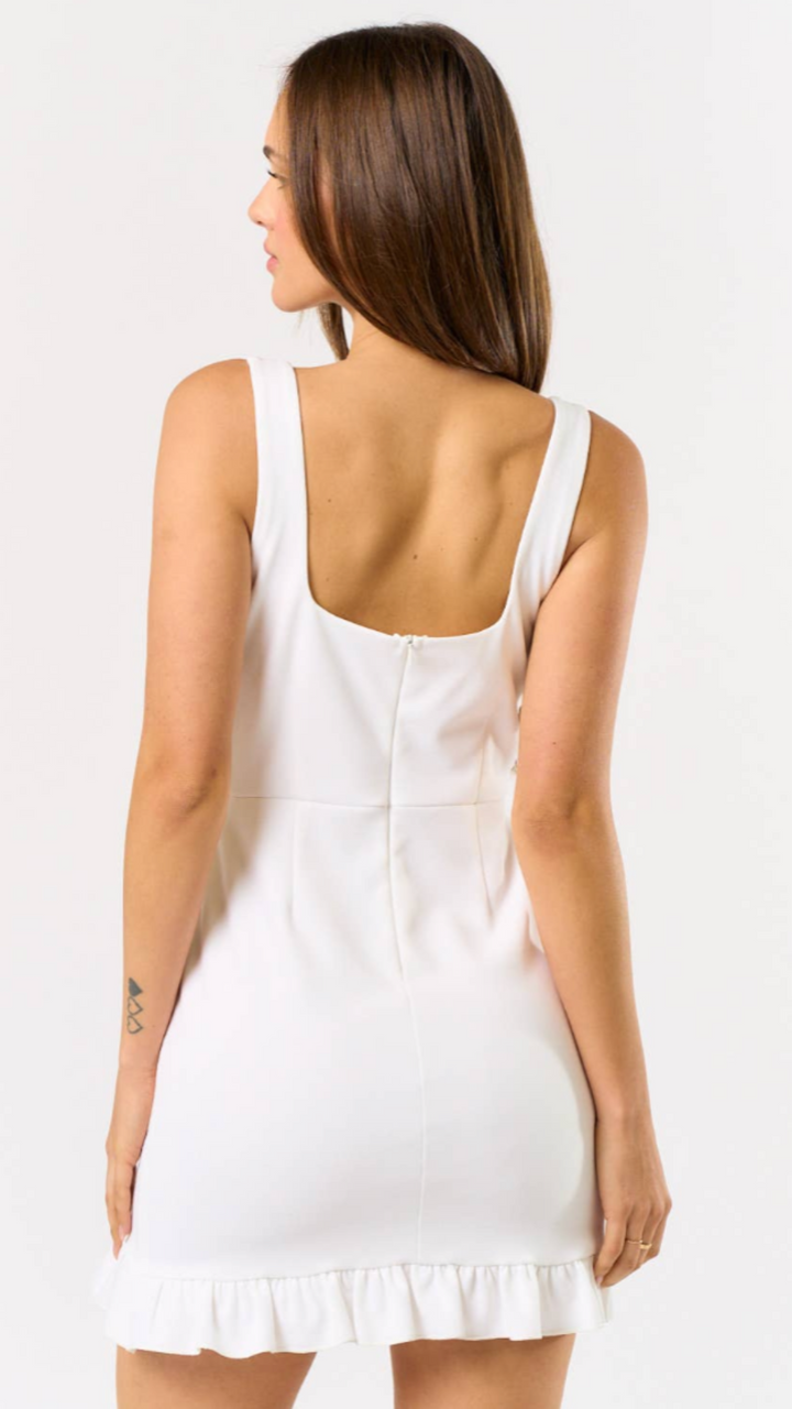 White Ruffled Square Neck Mini Dress