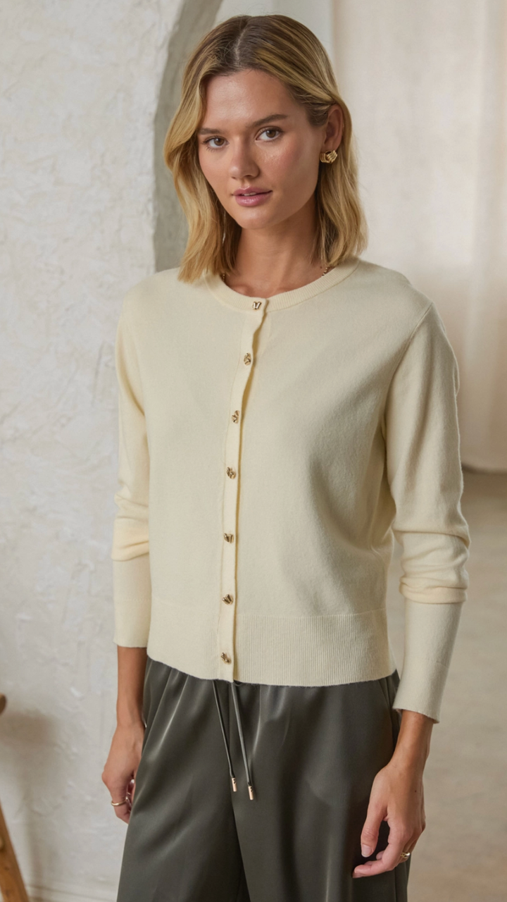 Ivory Knit Cardigan With Gold Buttons