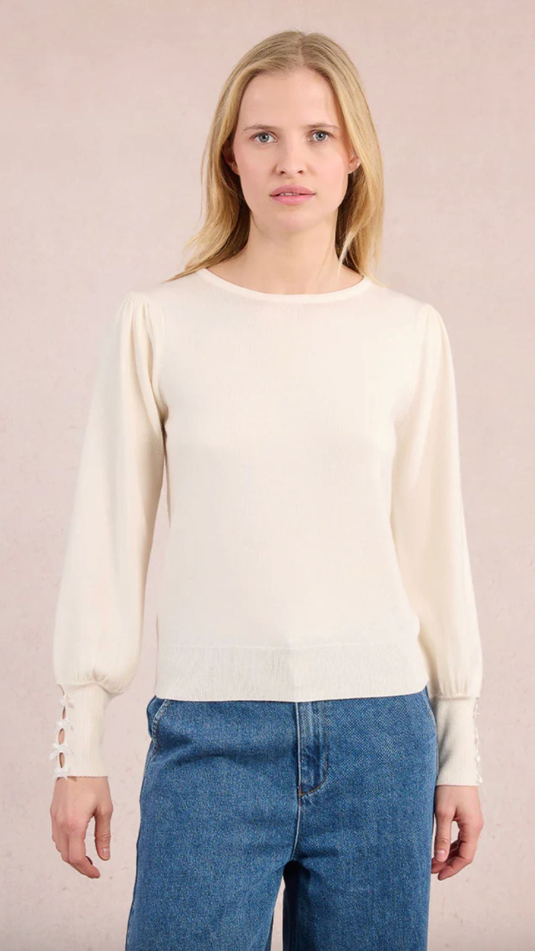 Off White Bow Detail Long Sleeve Knit Top