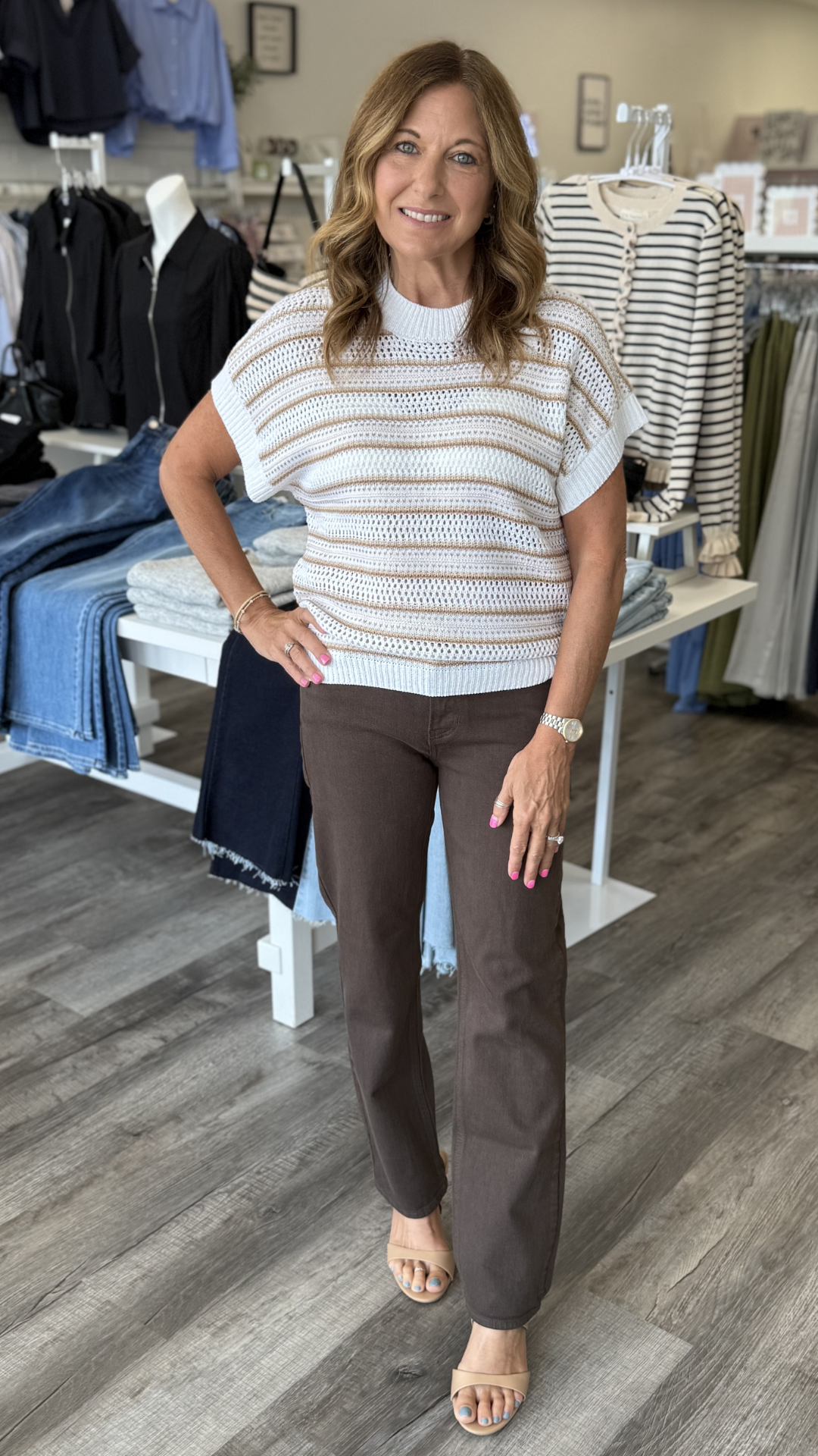 Mid Rise Brown Full Length Straight Jeans