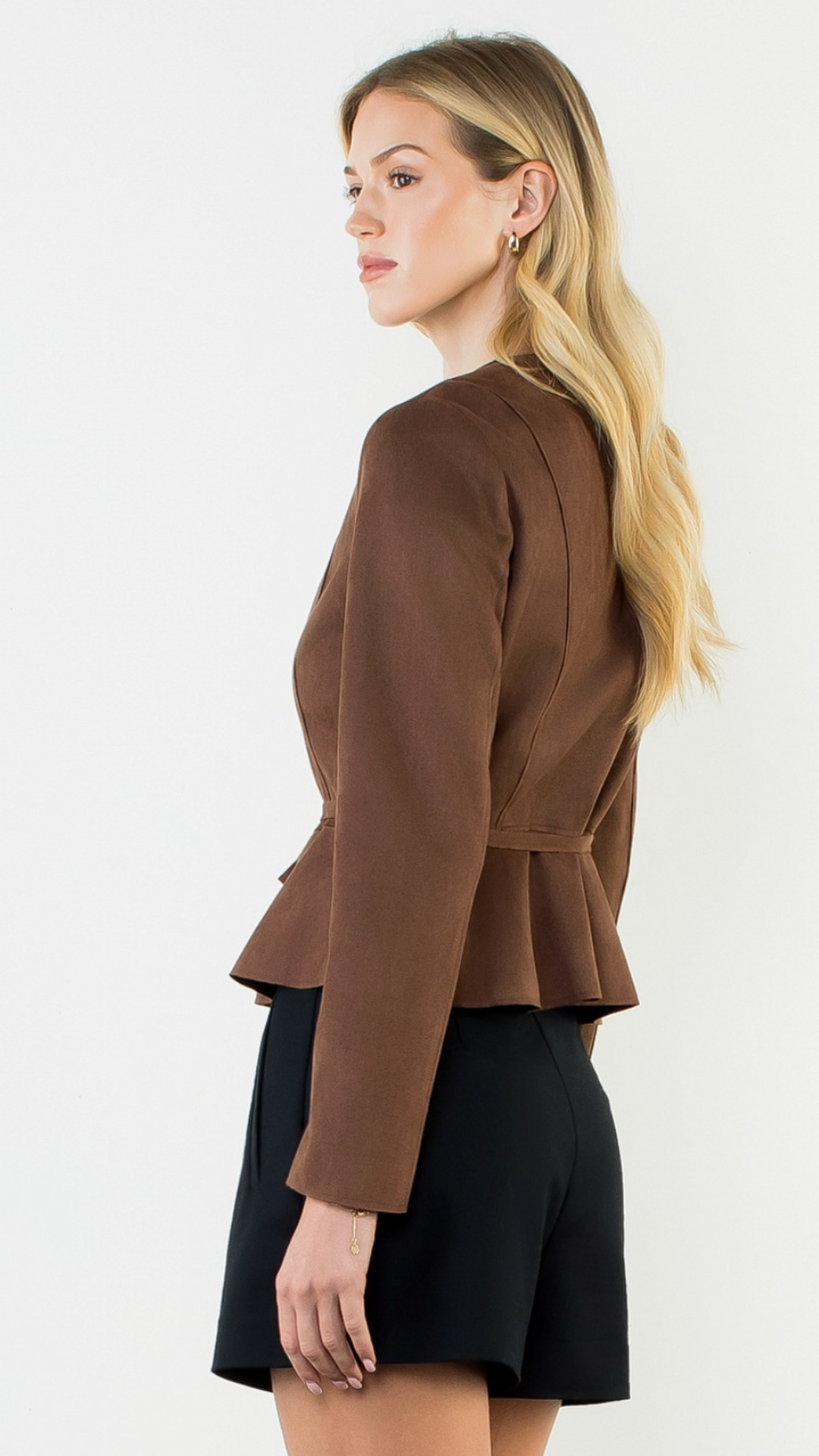 Brown Suede Zipper Jacket With Tie Waist