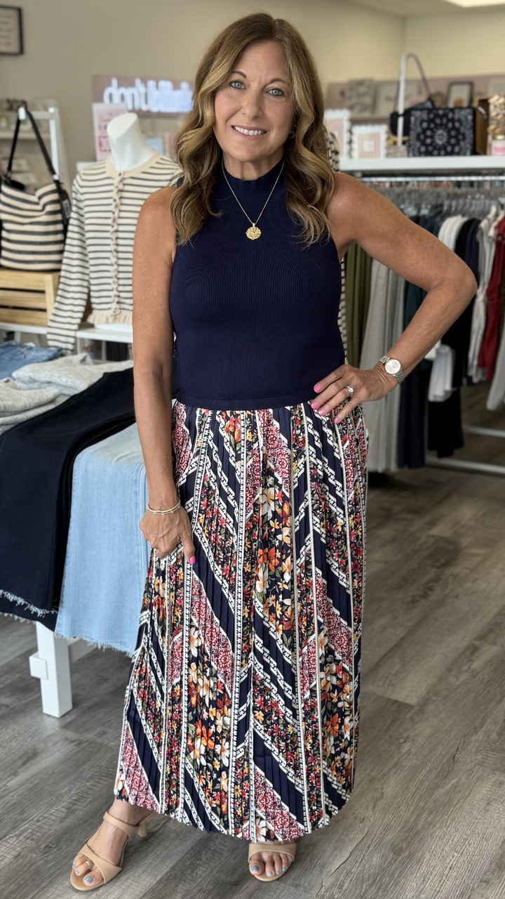 Navy Sleeveless Pleated Contrast Mock Neck Midi Dress