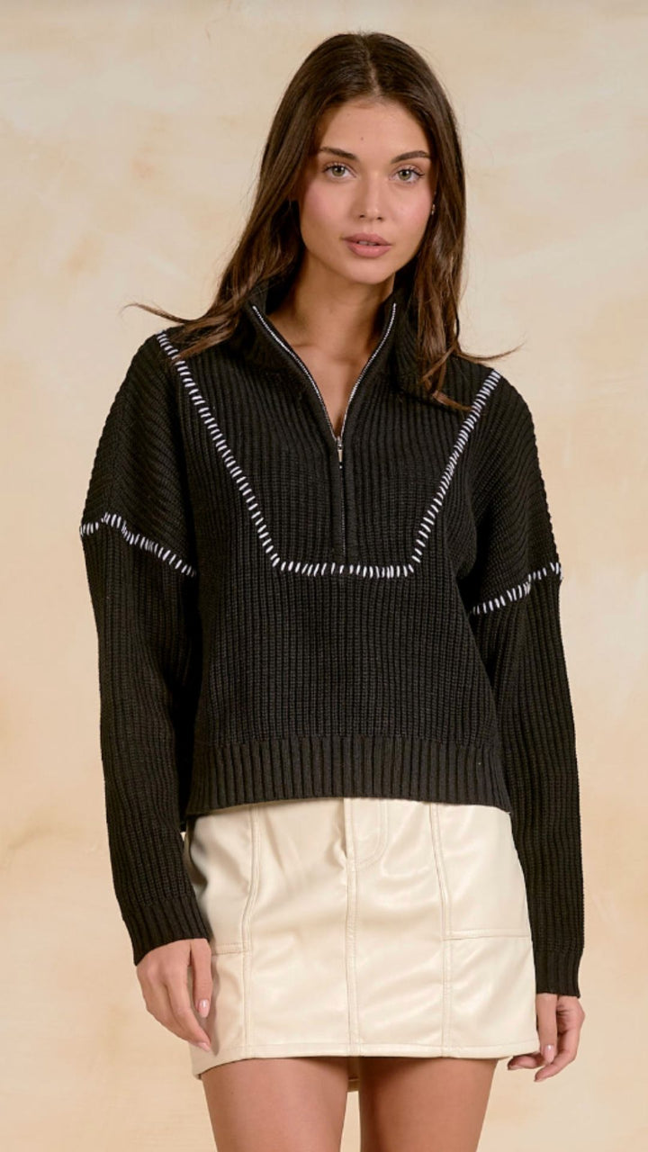 Black Quarter Zip Whipstitch Sweater