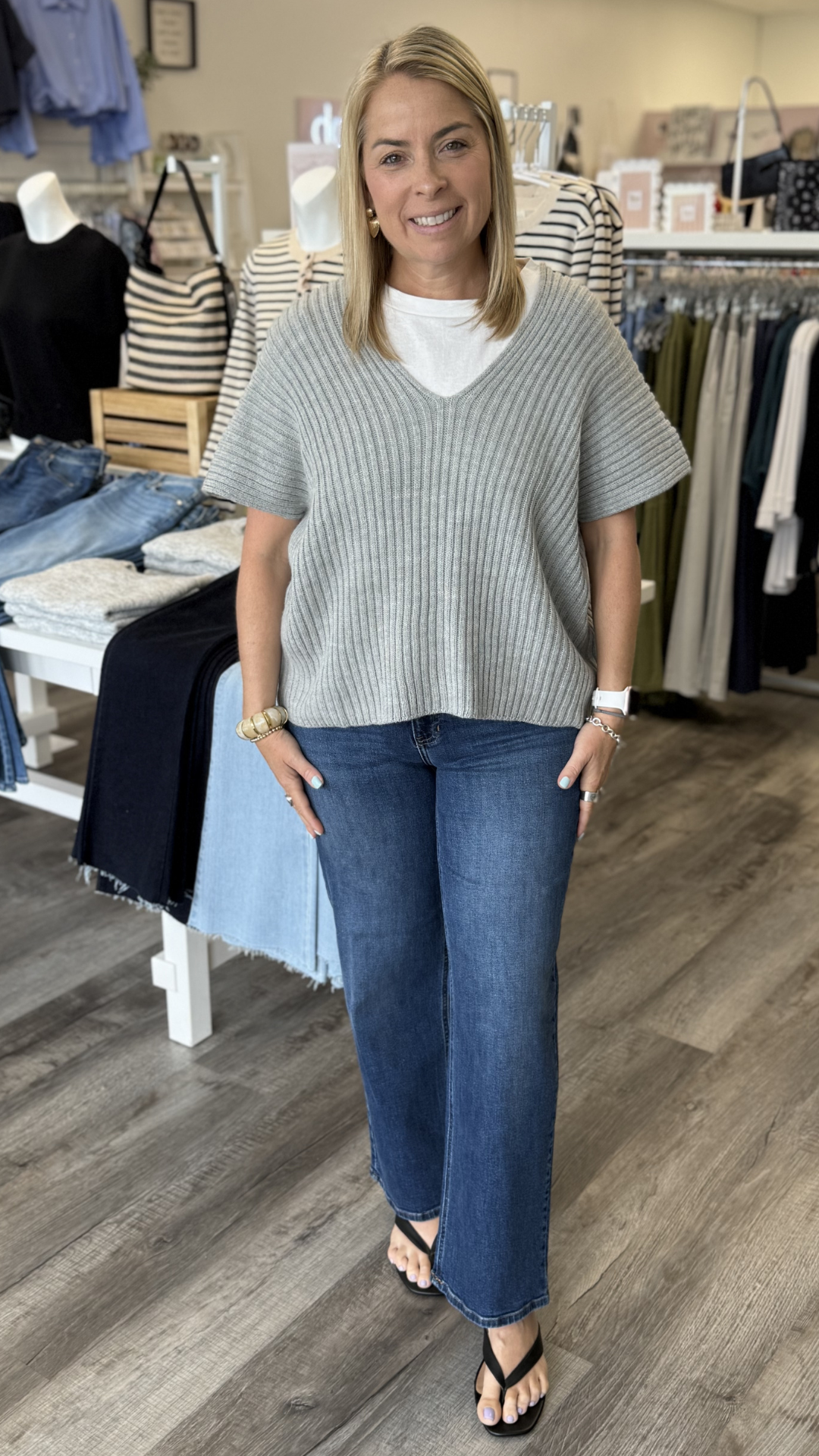 Mid Rise Dark Wash Slim Wide Leg Jeans