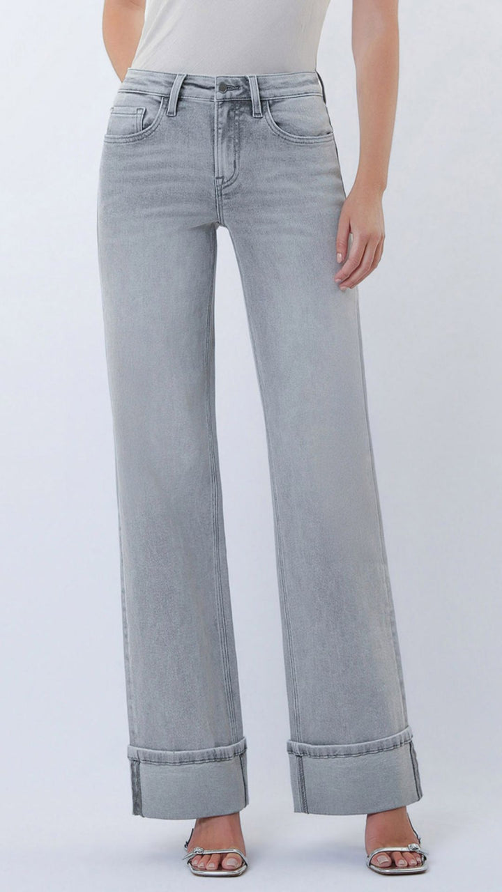 Mid Rise Gray Full Length Cuffed Wide Leg Jeans