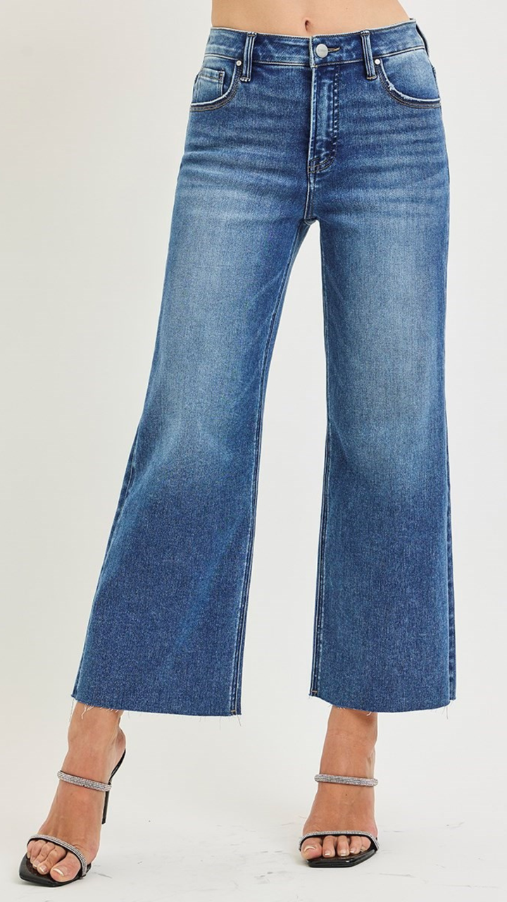 High Rise Tummy Control Medium Wash Crop Wide Creased Seam Jeans
