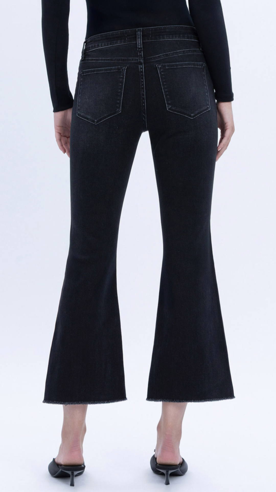 Mid Rise Black Super Soft Crop Step Hem Flare Jeans