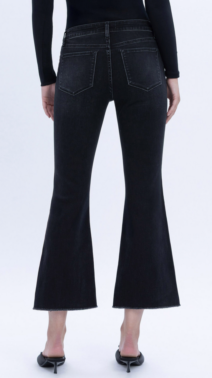 Mid Rise Black Super Soft Crop Step Hem Flare Jeans