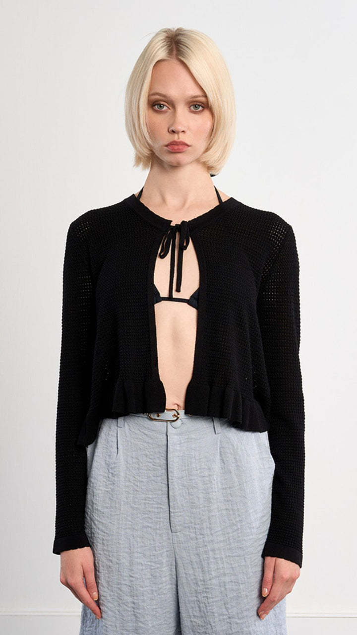 Black Open Knit Tie Front Cardigan