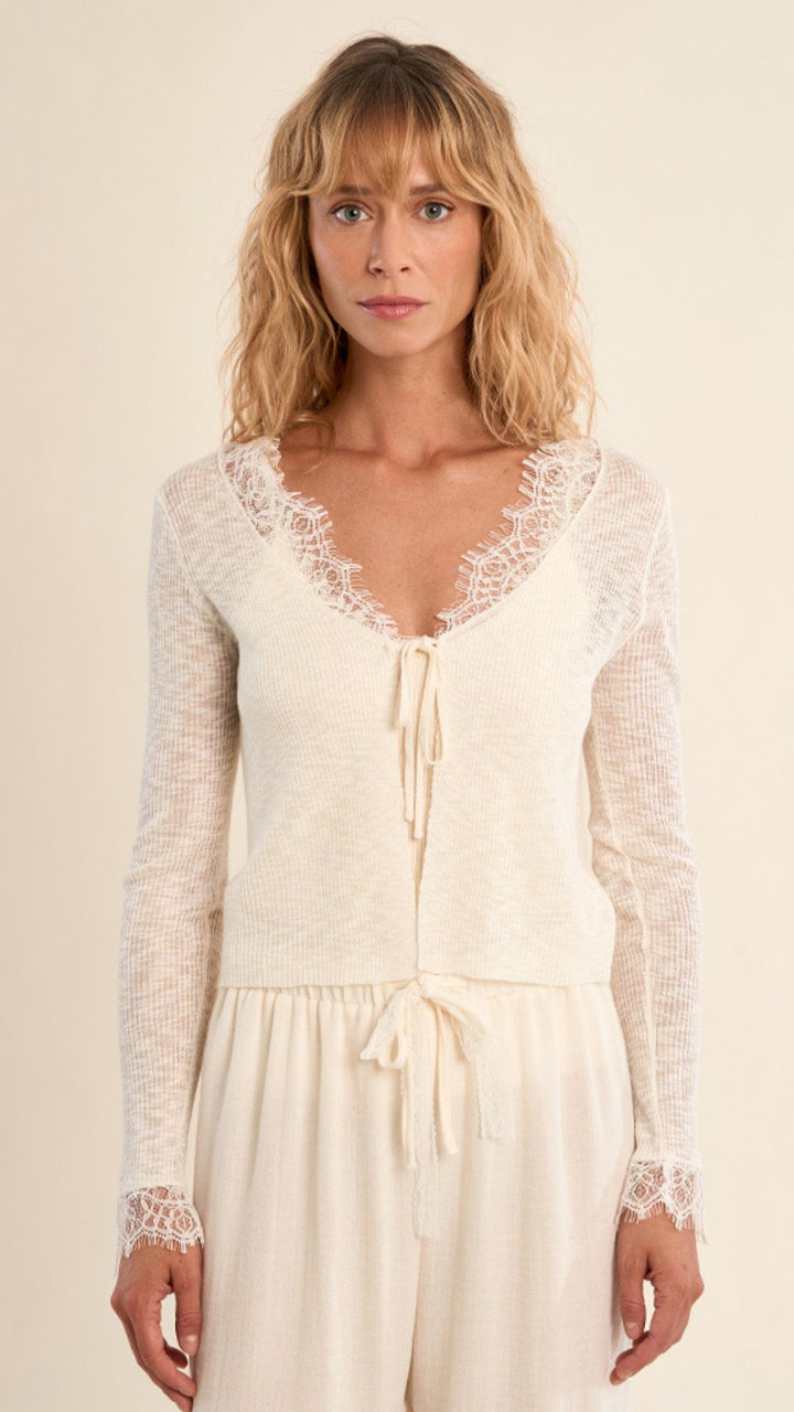 Off White Front Tie Lace Cardigan