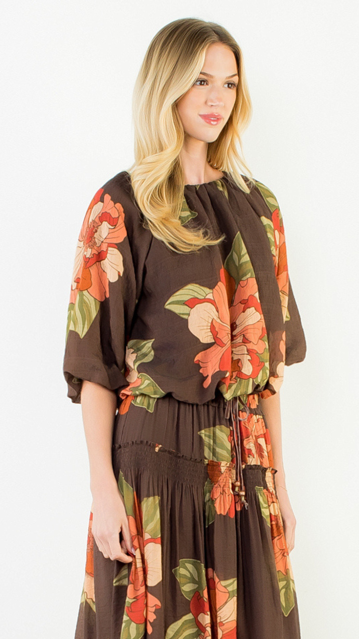 Brown Floral Bubble Hem Top