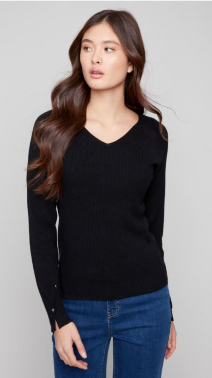 Black Ribbed V Neck Sweater With Heart Rivets