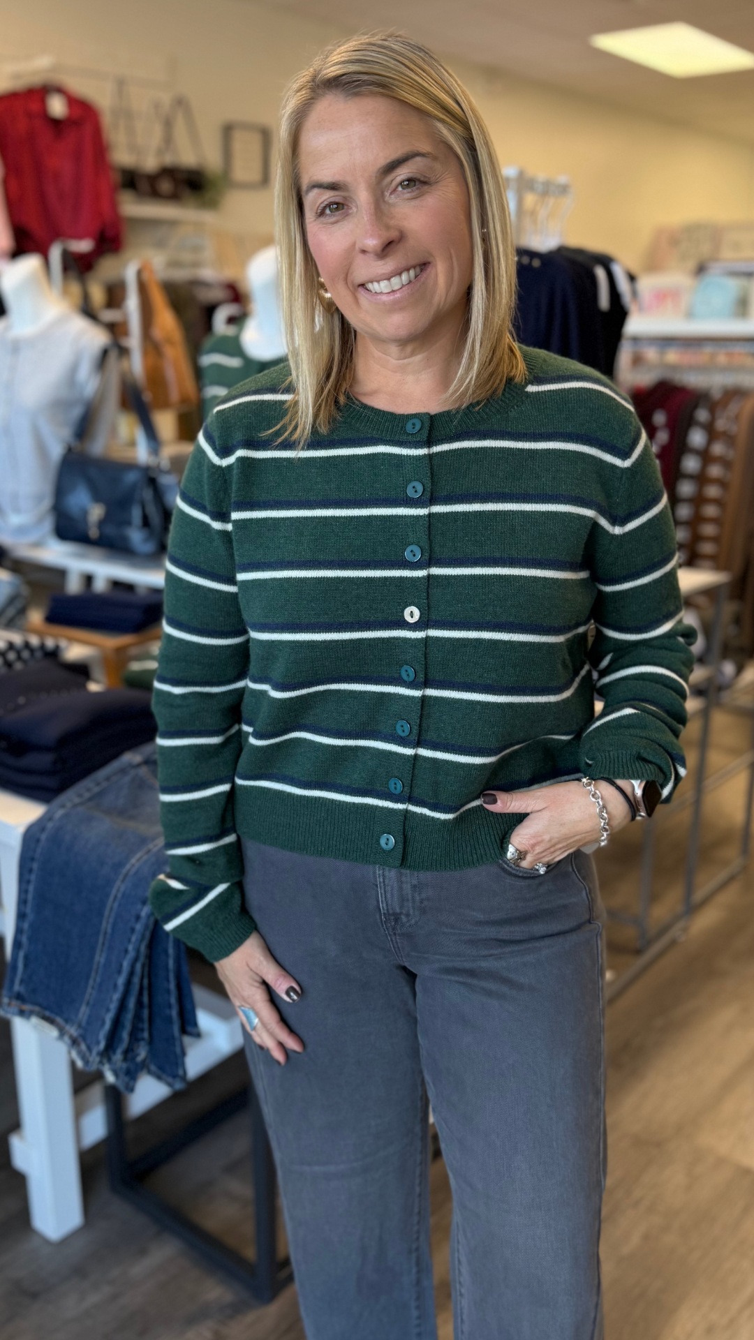 Green Blue And Cream Stripe Knit Cardigan Sweater