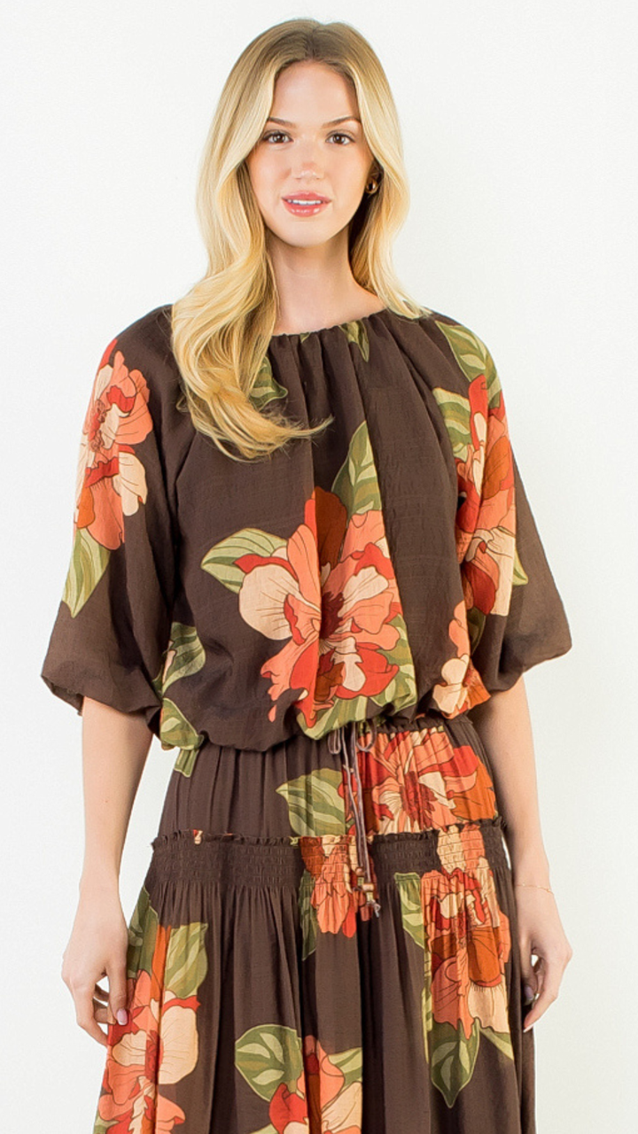 Brown Floral Bubble Hem Top