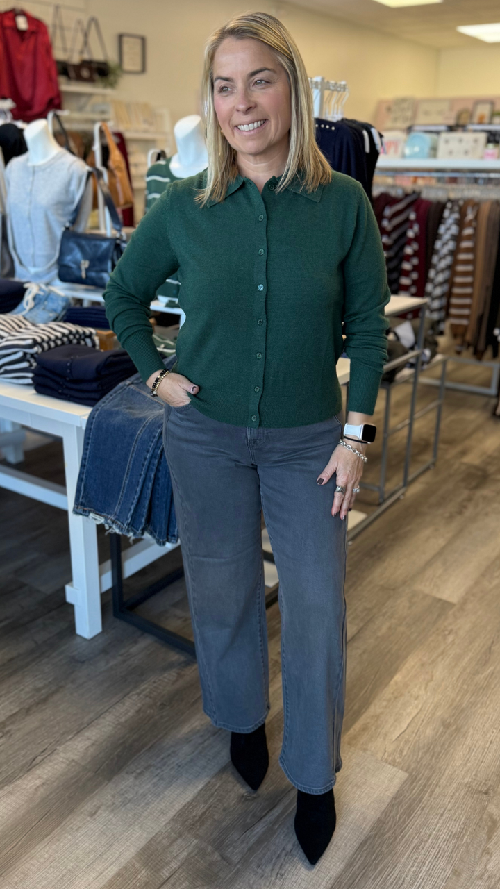 Forest Green Collared Knit Cardigan Sweater