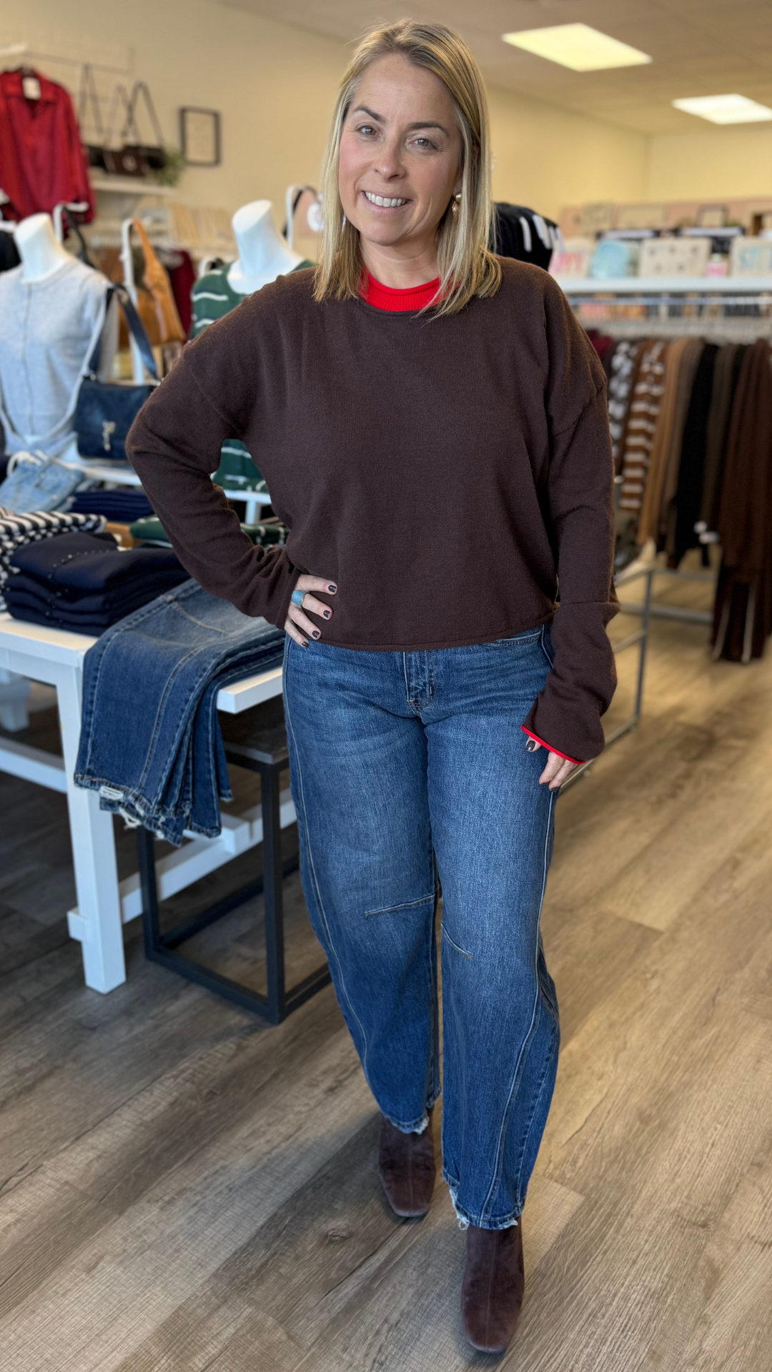 Coffee And Red Contrast Trim Knit Sweater