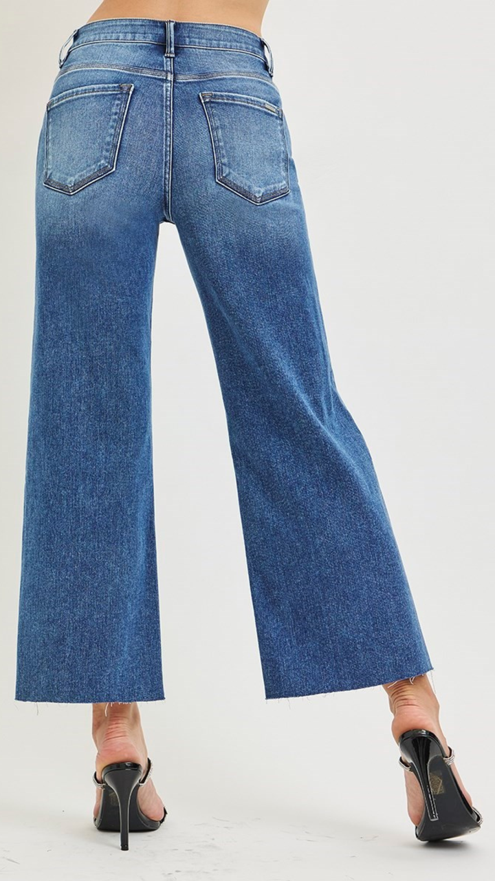 High Rise Tummy Control Medium Wash Crop Wide Creased Seam Jeans